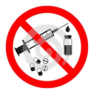 Drugs and pills prohibition sign icon. No syringe sticker. Injection forbidden.