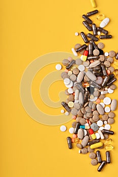 Drugs placed in line. Set of colorful pills