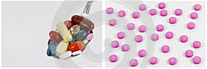 Drugs spoon pink pills collage medicine