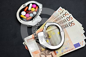 Drugs trafficking is illegal, with pills or narcotics in handcuffs on euro banknotes