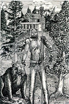 Druid with bear in woods