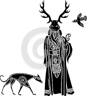 Druid with ritual mask, wolf and a bird