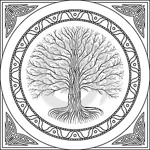 Druidic Yggdrasil contour tree, round black and white gothic logo. ancient book style. photo