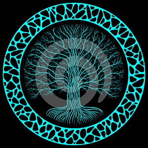 Druidic Yggdrasil tree at night, round silhouette, black and blue logo. Gothic ancient book style, organic or stone wall