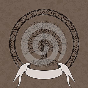 Druidic Yggdrasil tree at night, round silhouette, cream and brown grunge logo. Gothic ancient book style, vector image.