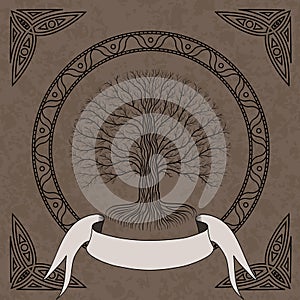 Druidic Yggdrasil tree at night, round silhouette, cream and brown grunge logo. Gothic ancient book style, vector image.