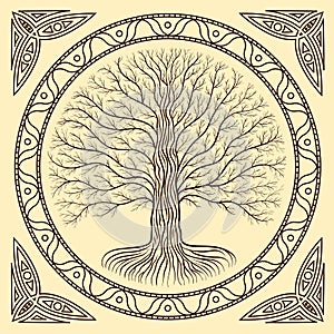 Druidic Yggdrasil tree, round, brown logo. Gothic ancient book style