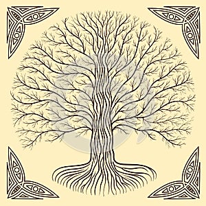 Druidic Yggdrasil tree, round, brown logo. Gothic ancient book style