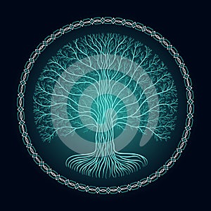 Druidic Yggdrasil tree, round dark gothic logo. ancient book style