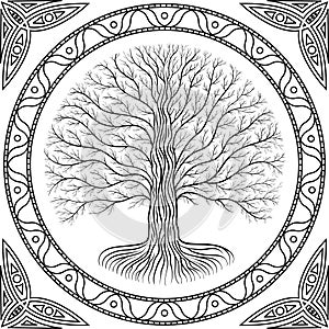 Druidic Yggdrasil tree, round gothic logo. ancient book style photo