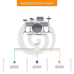 drum, drums, instrument, kit, musical Business Flow Chart Design with 3 Steps. Glyph Icon For Presentation Background Template