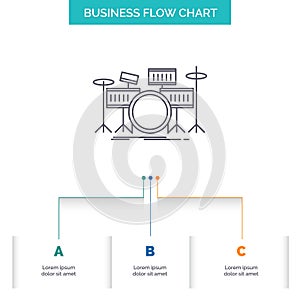 drum, drums, instrument, kit, musical Business Flow Chart Design with 3 Steps. Line Icon For Presentation Background Template