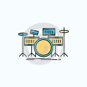 drum, drums, instrument, kit, musical Flat Icon. green and Yellow sign and symbols for website and Mobile appliation. vector