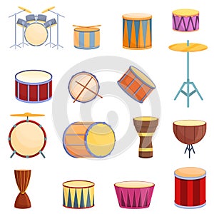 Drum icons set, cartoon style