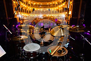 Drum kit on concert stage in theatre