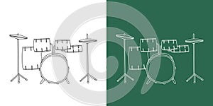 Drum kit line drawing cartoon. Percussion instrument drum set clipart drawing linear style on white and chalkboard background