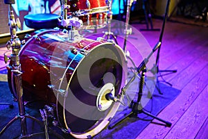 drum kit. set of drums, cymbals and other percussion instruments on stage