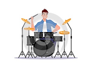 Drum kit set musician beats cymbals by drumsticks