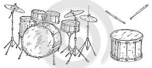 Drum kit set. Vintage black engraving illustration