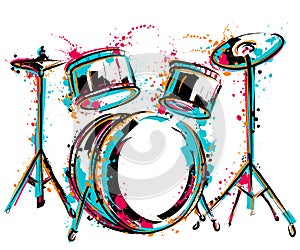 Drum kit with splashes in watercolor style.