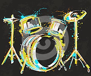 Drum kit with splashes in watercolor style.