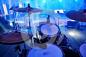 drum kits on stage. professional musicians for the holiday in the restaurant.