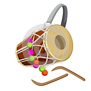 Drum percussion instrument double-headed dhol and wooden sticks vector