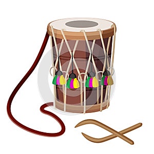 Drum percussion instrument double-headed dhol and wooden sticks vector