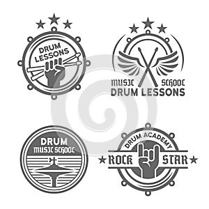 Drum school or drum lessons vector vintage emblems