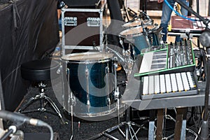 Drum set on an empty stage