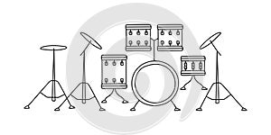 Drum set. Musical instrument line sketch. Outline black and white vector illustration