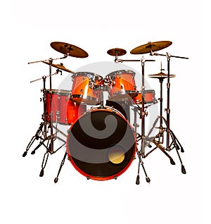 The drum set is red in lacquer isolated on a white background