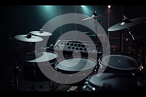 A drum set is shown in a dark room with a blue light behind it. AI generation