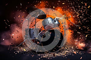 A drum set is shown with a lot of debris and dust