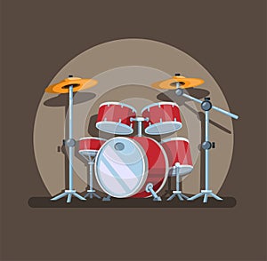 Drum set in spotlight, music instrument symbol concept in cartoon illustration vector