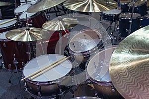 Drum set on stage in a concert hall