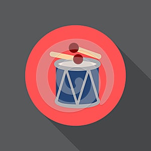 Drum and sticks flat icon. Round colorful button, circular vector sign, logo illustration.