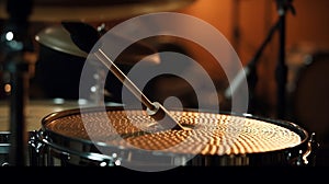 Drum sticks hit on the snare drum in black background