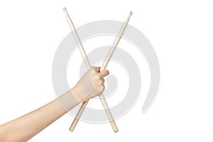 Drum sticks isolated on white background. Holding drumsticks. Wooden drumsticks in hand