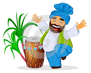 Drum, sugarcane and funny dancing Sikh man