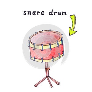 Drum watercolor illustration. Red and purple drum with a 3d green arrow hand drawn sketch