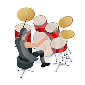 Drummer behind the drum set. Rehearsal base, drummer playing the drums set isolated, back view