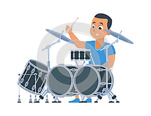 Drummer. Cartoon boy with percussion musical instruments. Young man playing drums. Member of rock group or solo player