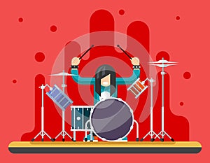 Drummer Drum Icons Set Hard Rock Heavy Folk Music Background Concept Flat Design Vector Illustration