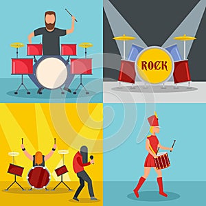 Drummer drum rock musician icons set, flat style