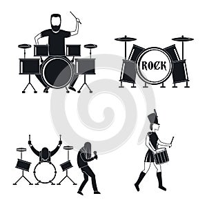 Drummer drum rock musician icons set, simple style