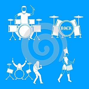 Drummer drum rock musician icons set, simple style