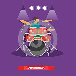 Drummer musician playing drums. Vector illustration in flat style design