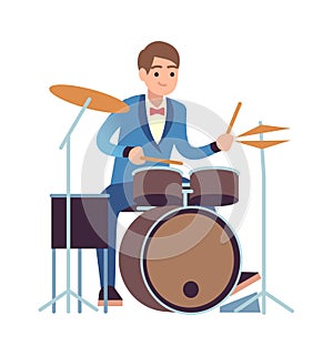 Drummer performance. Classic male musician character in blue dress plays on drum set, percussion instrument acoustic