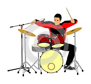 Drummer player drum vector. Rock and roll band artist vector illustration. Musician play drums on stage.